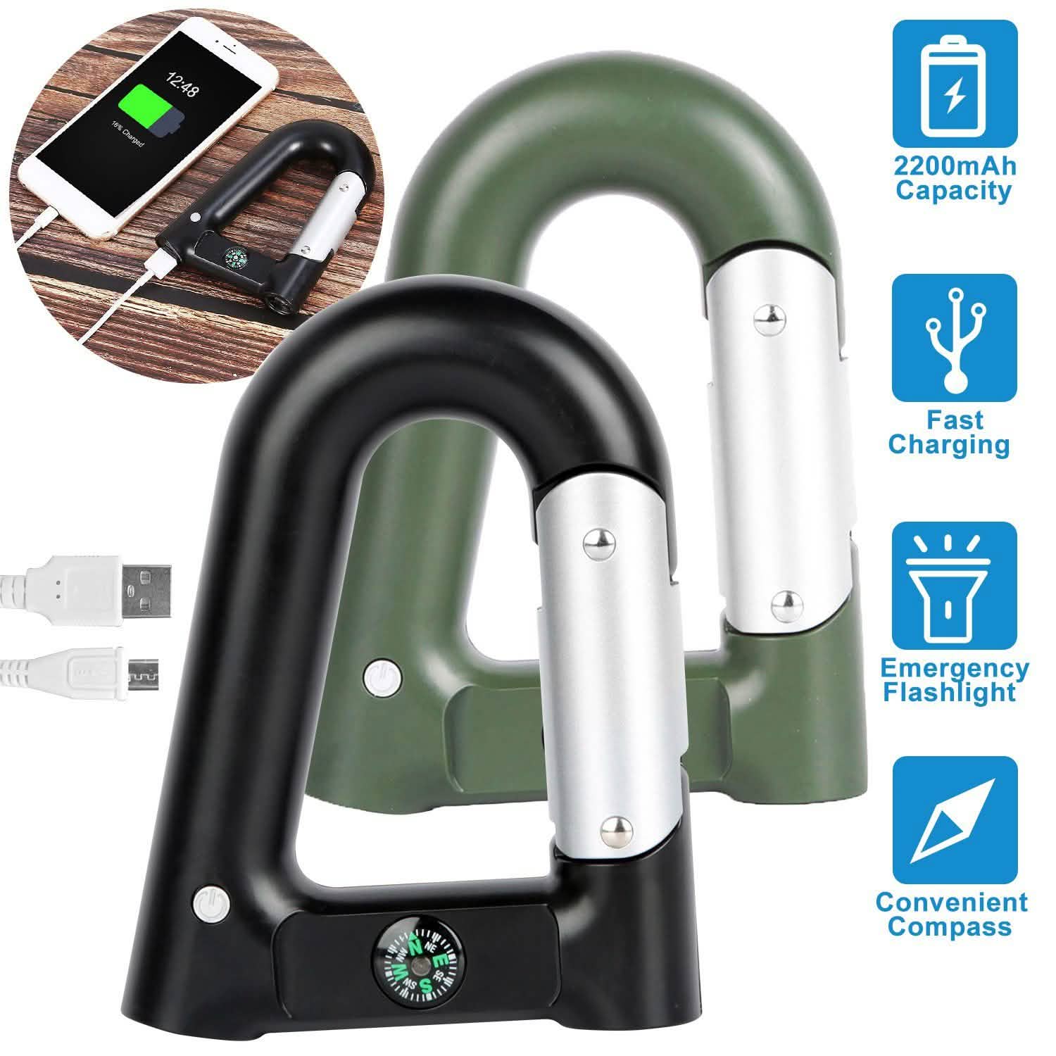 2200 mAh Powerbank with Emergency Flashlight Compass Carabiner-Shaped