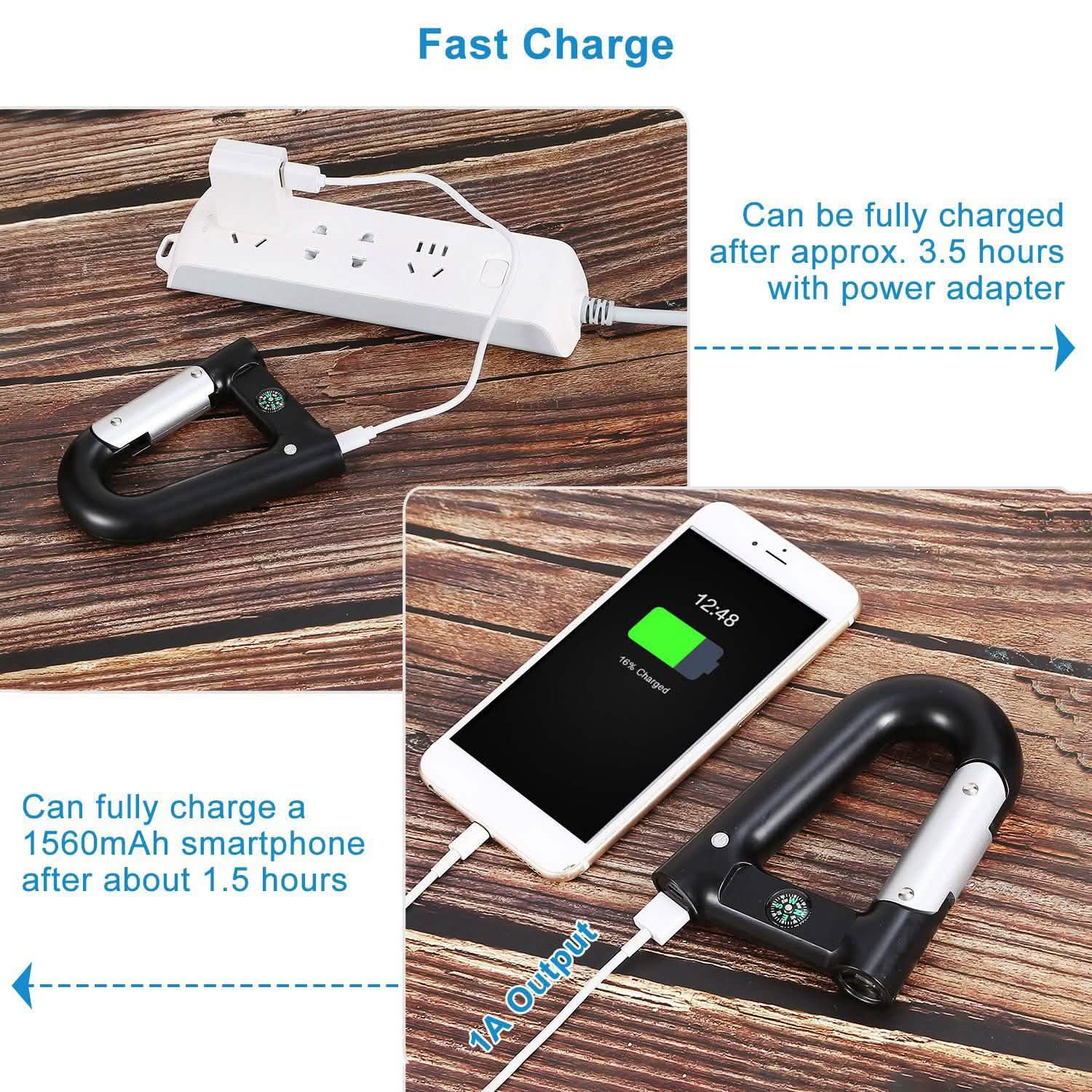 2200 mAh Powerbank with Emergency Flashlight Compass Carabiner-Shaped