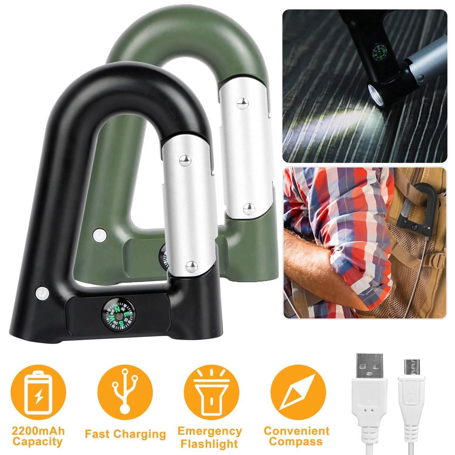 2200 mAh Powerbank with Emergency Flashlight Compass Carabiner-Shaped