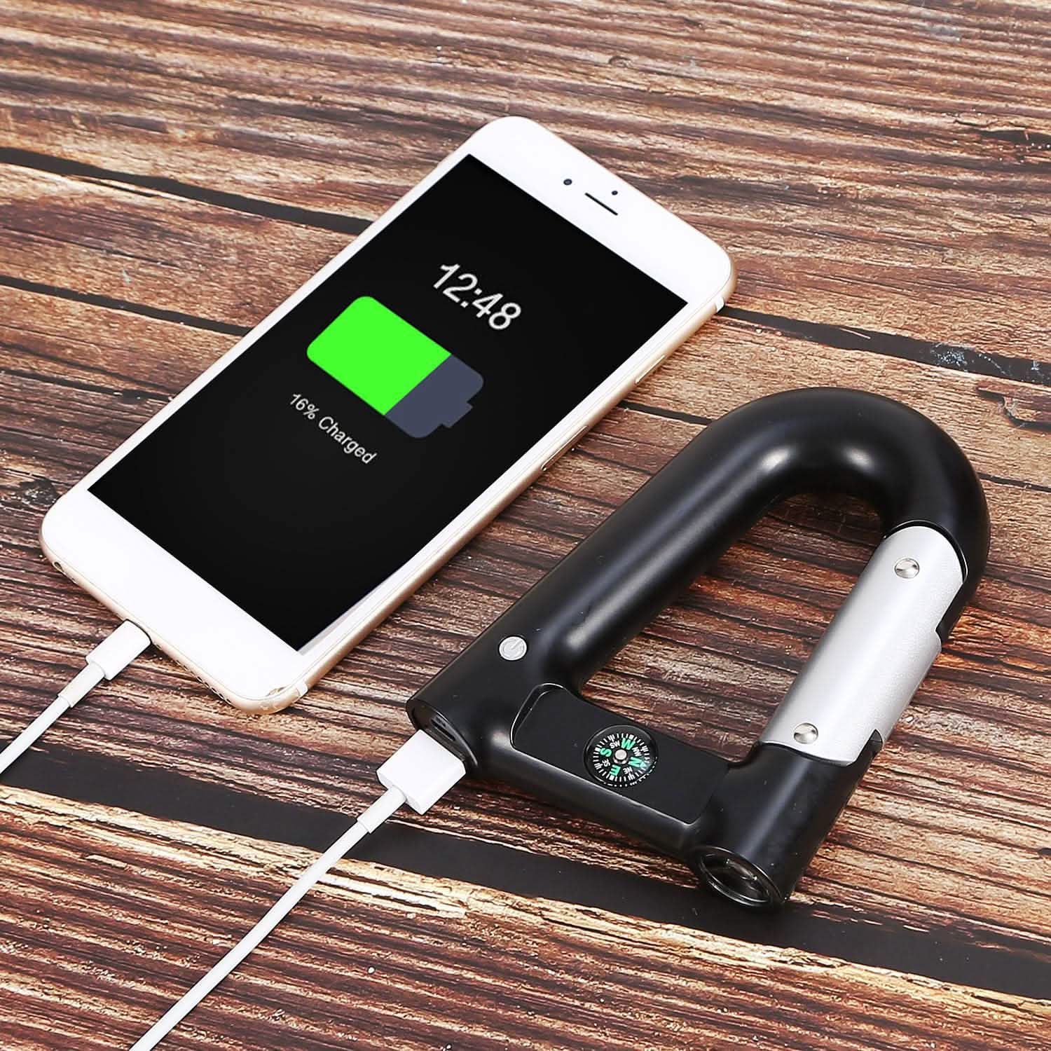 2200 mAh Powerbank with Emergency Flashlight Compass Carabiner-Shaped